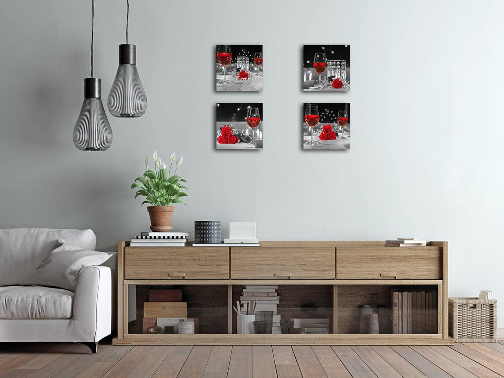 Kitchen Canvas Wall Art Prints Black and White Wine Rose Floral Painting Picture for Dining Room Restaurant Wall Decor (12x12-4Pcs, Red)