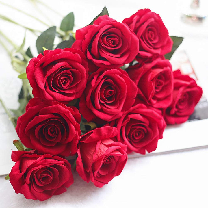 Artificial Silk Rose Flowers 12pcs Real Looking Fake Big Roses Velvet Roses Bridal Bouquet Wedding Home Kitchen Decorations or Gift (Red)