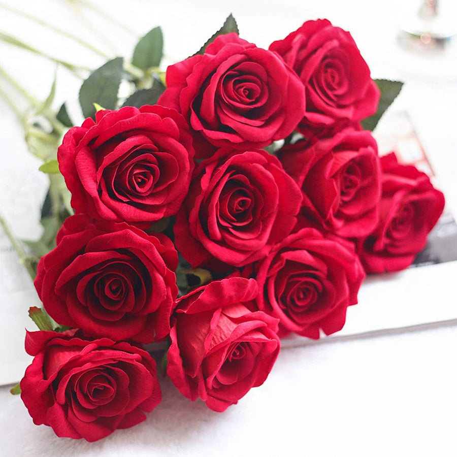 Artificial Silk Rose Flowers 12pcs Real Looking Fake Big Roses Velvet Roses Bridal Bouquet Wedding Home Kitchen Decorations or Gift (Red)