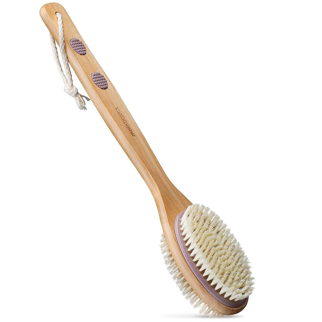Back Scrubber for Shower – Long Handle Dual-Sided Brush for Body Wash &amp; Scrubbing with Exfoliating &amp; Soft Bristles (Lavender, Wood)