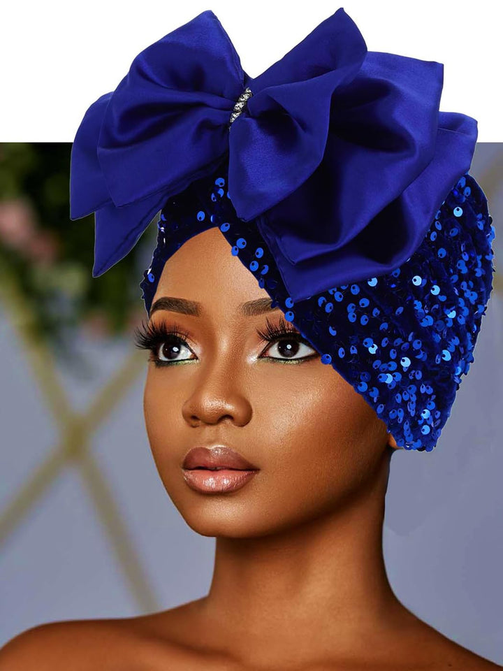 Head Wrap Bow Turban Sequin Beanie Headwrap Hat Pre-Tie Head Scarf for Women