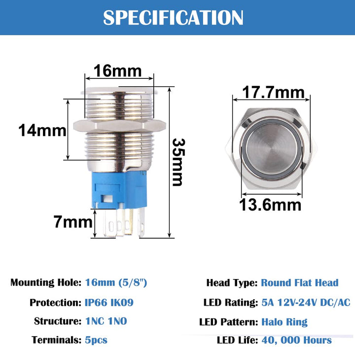 5pcs 16mm Metal Waterproof Momentary Push Button Switch Self-Reset Silver Shell 5/8 Mounting Hole, 12V-24V ON Off 5Pins 1NO 1NC Plug in Halo Ring LED Light 5Colors (Blue,Orange,Green,Red,White)