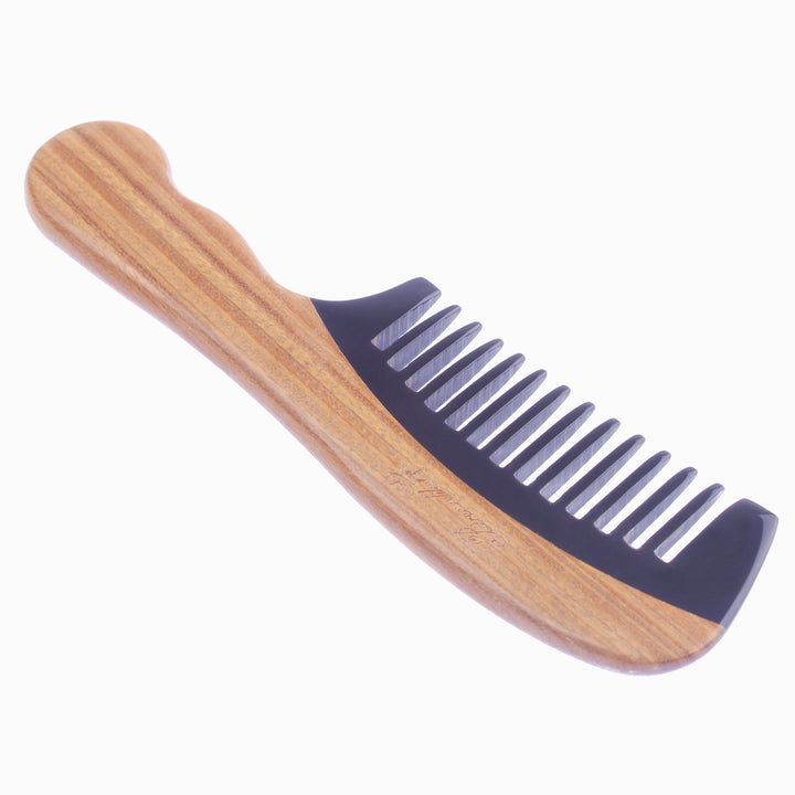 Sandalwood Hair Comb - Wavy Handle Wide Tooth Comb for Women - No Static Wooden Black Buffalo Horn Comb for Detangling