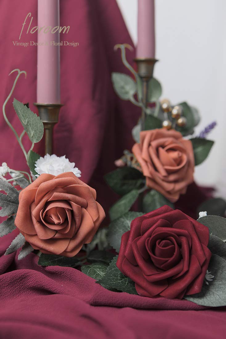 Artificial Flowers 25pcs Real Looking Burgundy Foam Fake Roses with Stems for DIY Wedding Bouquets Red Bridal Shower Centerpieces Party Decorations