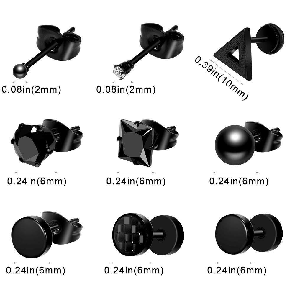 ONESING 15 Pairs Earrings for Men Black Stud Earrings M