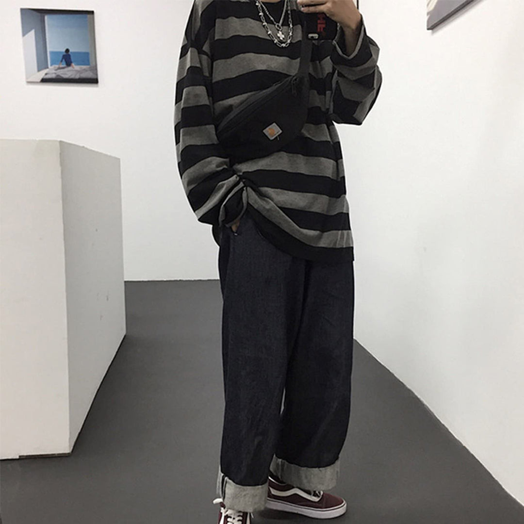 Women Harajuku Oversized Stripe Casual Long Sleeves Crewneck T-Shirt Tee Tops Grey