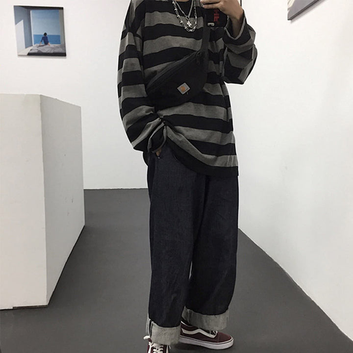 Women Harajuku Oversized Stripe Casual Long Sleeves Crewneck T-Shirt Tee Tops Grey
