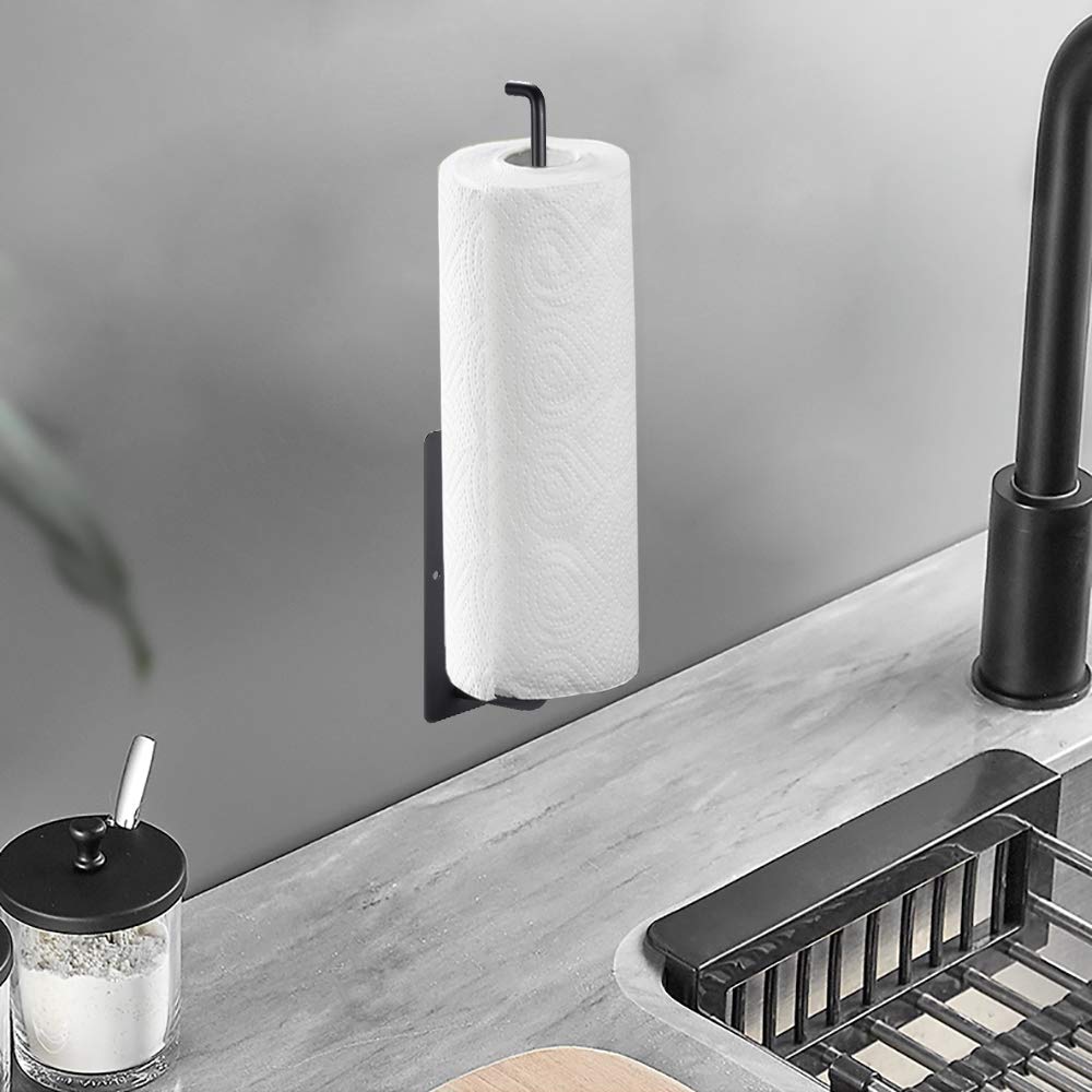 Wall Mount Paper Towel Holders Self Adhesive &amp; Drilling Kitchen Roll Holder Under Cabinet with Extra Long Size,Kitchen Roll Holder Black &amp; Silver for Home Kitchen and Bathroom