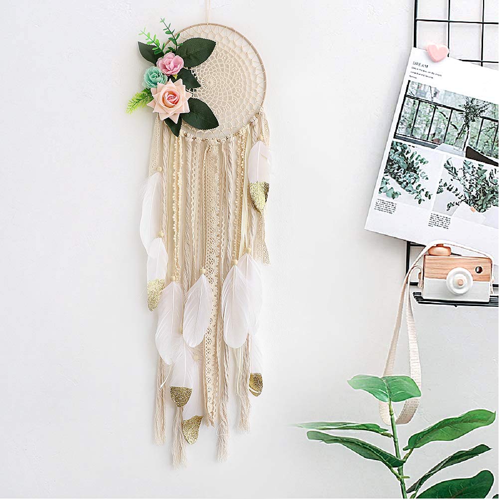 Dream Catcher for Kids Bedroom White and Gold Feather Dream Catchers with Flowers Wall Decor Handmade Room Hanging Wedding Decoration Crafts Gift