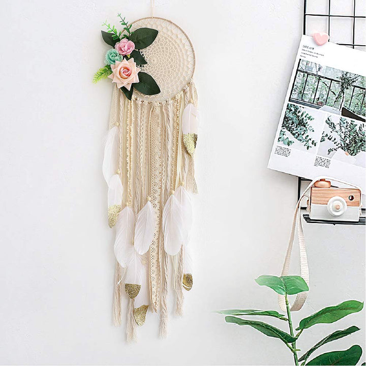 Dream Catcher for Kids Bedroom White and Gold Feather Dream Catchers with Flowers Wall Decor Handmade Room Hanging Wedding Decoration Crafts Gift
