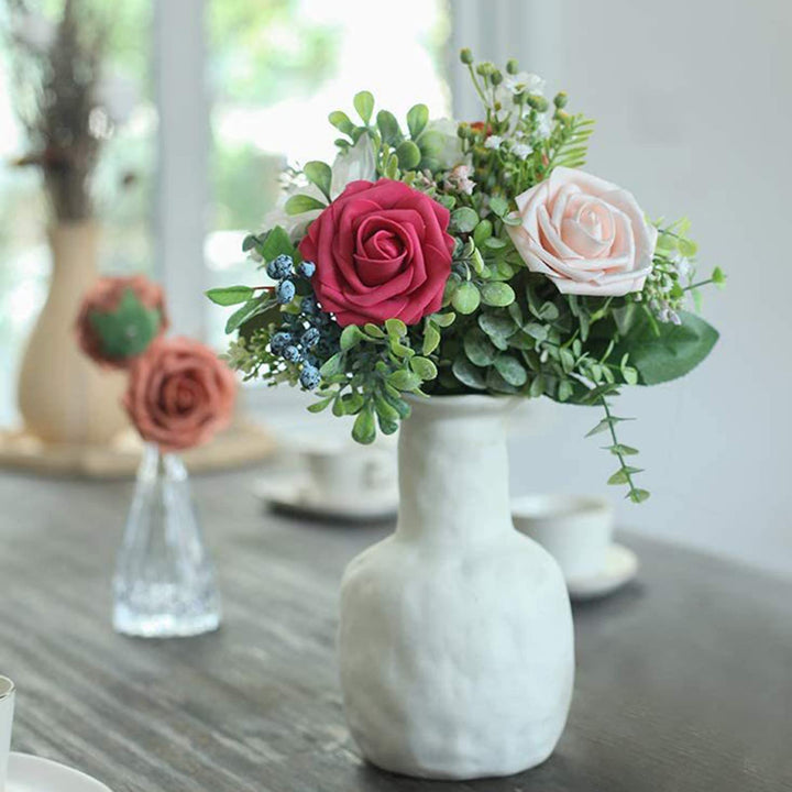 Artificial Flowers, 25Pcs Dainty Rose Artificial Wedding Fake Flowers Combo with Stem/Leaves for DIY Wedding Bouquets Centerpieces Floral Home Party Decorations (White, 25 Pcs)
