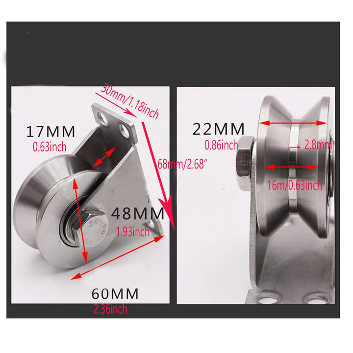 Stainless Steel 2 Sliding Gate V Groove Roller Bearings Pulley Wheels for Track Rail Sliding Sate Gym Pulley System with Bracket, Capacity 660 lb