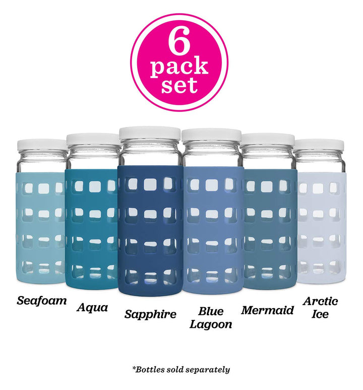Silicone Glass Water Bottle Sleeves - 6-Pack of Protective Holders 16-18 oz Capacity - Anti-Slip Protection for Beverage Containers - Insulating Carriers for Smoothies and Juices (Ocean Blues)