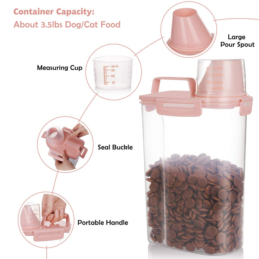 Pet Food Storage Container, Airtight Cat Food Container with Measuring Cup, Small Dog Food Storage Container with Scoop, 4 Seal Buckles Food Dispenser for Regular Food, Dog, Cat, Bird (Pink)