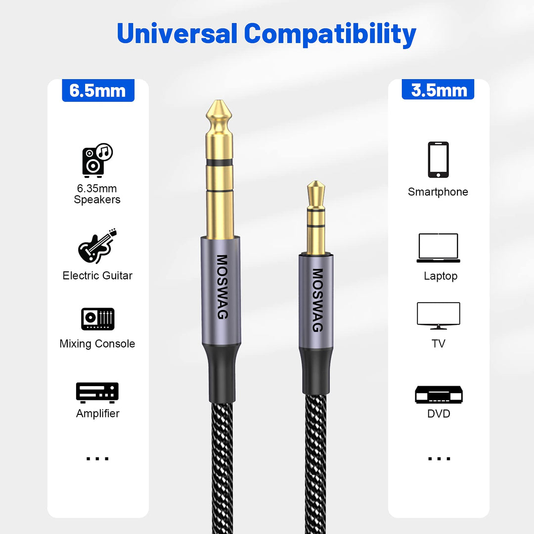 6.35mm Male to 3.5mm Male TRS Stereo Audio Cable 3.28FT/1Meter with Zinc Alloy Housing and Nylon Braid Compatible for iPod Laptop Home Theater Devices Amplifiers and More