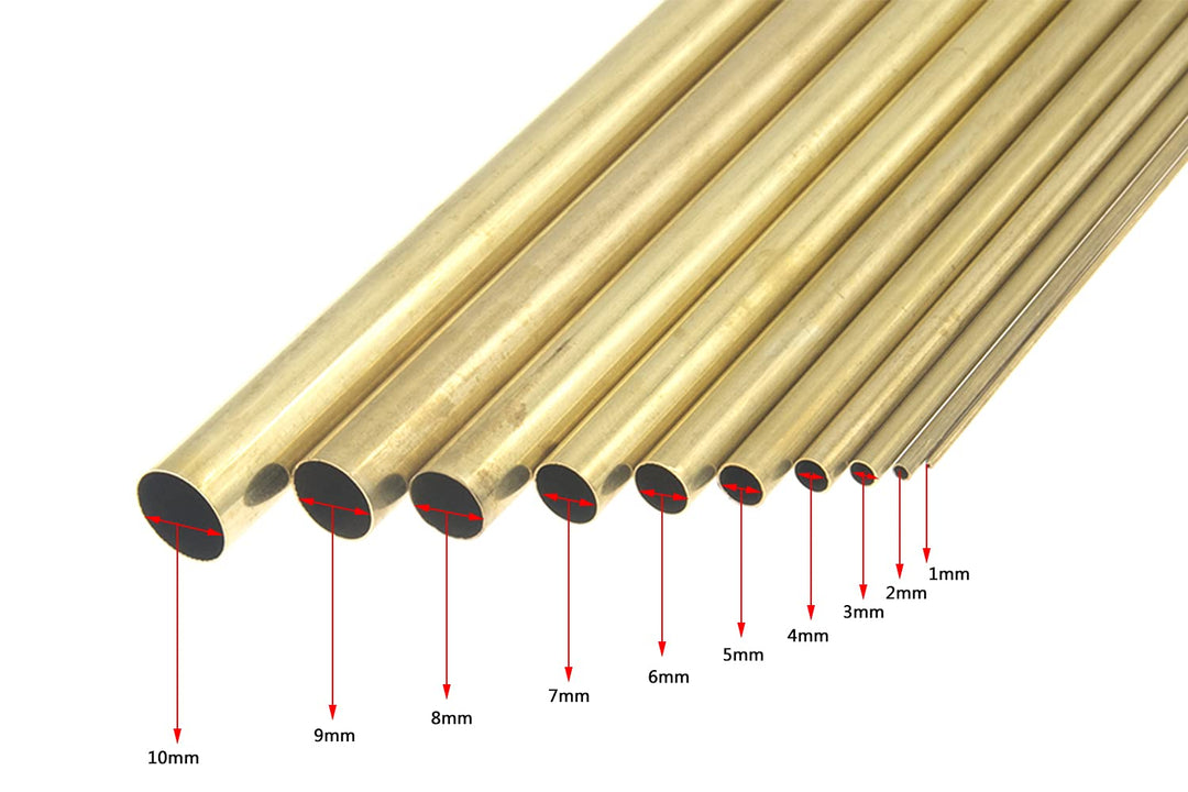 Round Brass Telescopic Tube, 1mm 2mm 3mm 4mm 5mm 6mm 7mm 8mm 9mm 10mm OD x 0.2mm Wall Thickness 300mm Length Seamless Straight Pipe Tubing, Pack of 10 Pcs