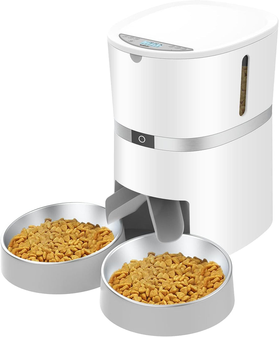 Automatic Cat Feeder, Pet Feeder Food Dispenser for Cat & Small Dog with Two-Way Splitter and Double Bowls, up to 6 Meals with Portion Control, Voice Recorder - Battery and Plug-in Power