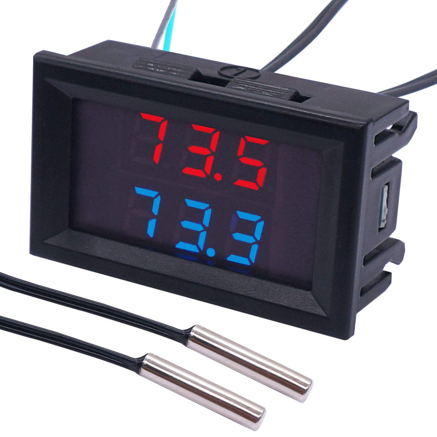 Digital Thermometer Dual LED Display Fahrenheit to Centigrade Adjustable DC 4-28V -67~+248/-55~+120 High Accuracy Temperature Gauge Sensor with 2 Waterproof NTC Probes K-017