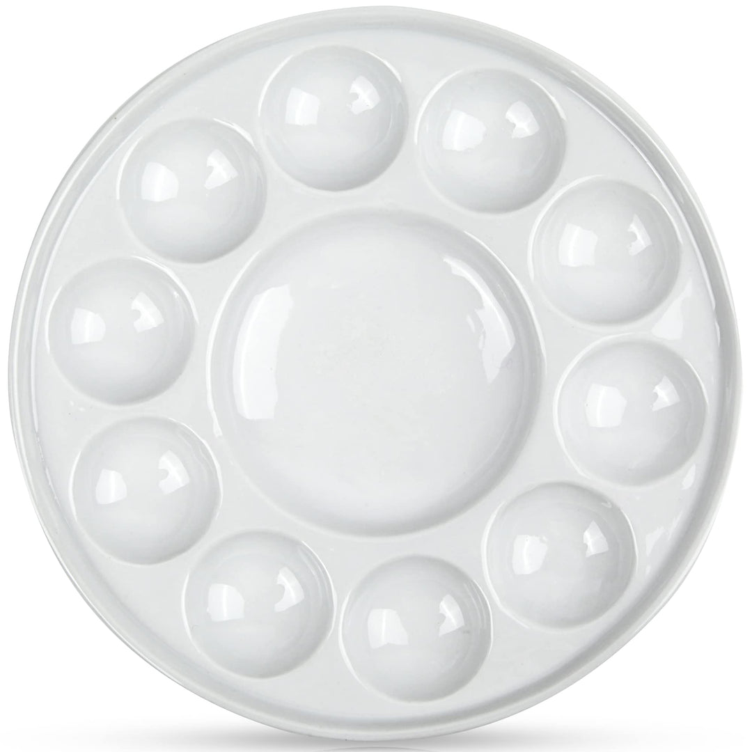 Artist Ceramic Palette, 11 Well Round Porcelain Watercolor Paint Palette for Watercolor Gouache Acrylic Oil Painting, 7-Inch