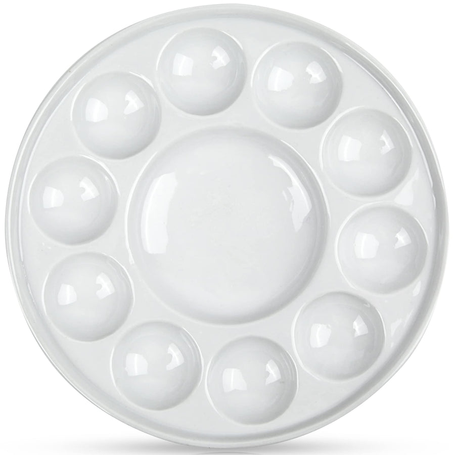 Artist Ceramic Palette, 11 Well Round Porcelain Watercolor Paint Palette for Watercolor Gouache Acrylic Oil Painting, 7-Inch