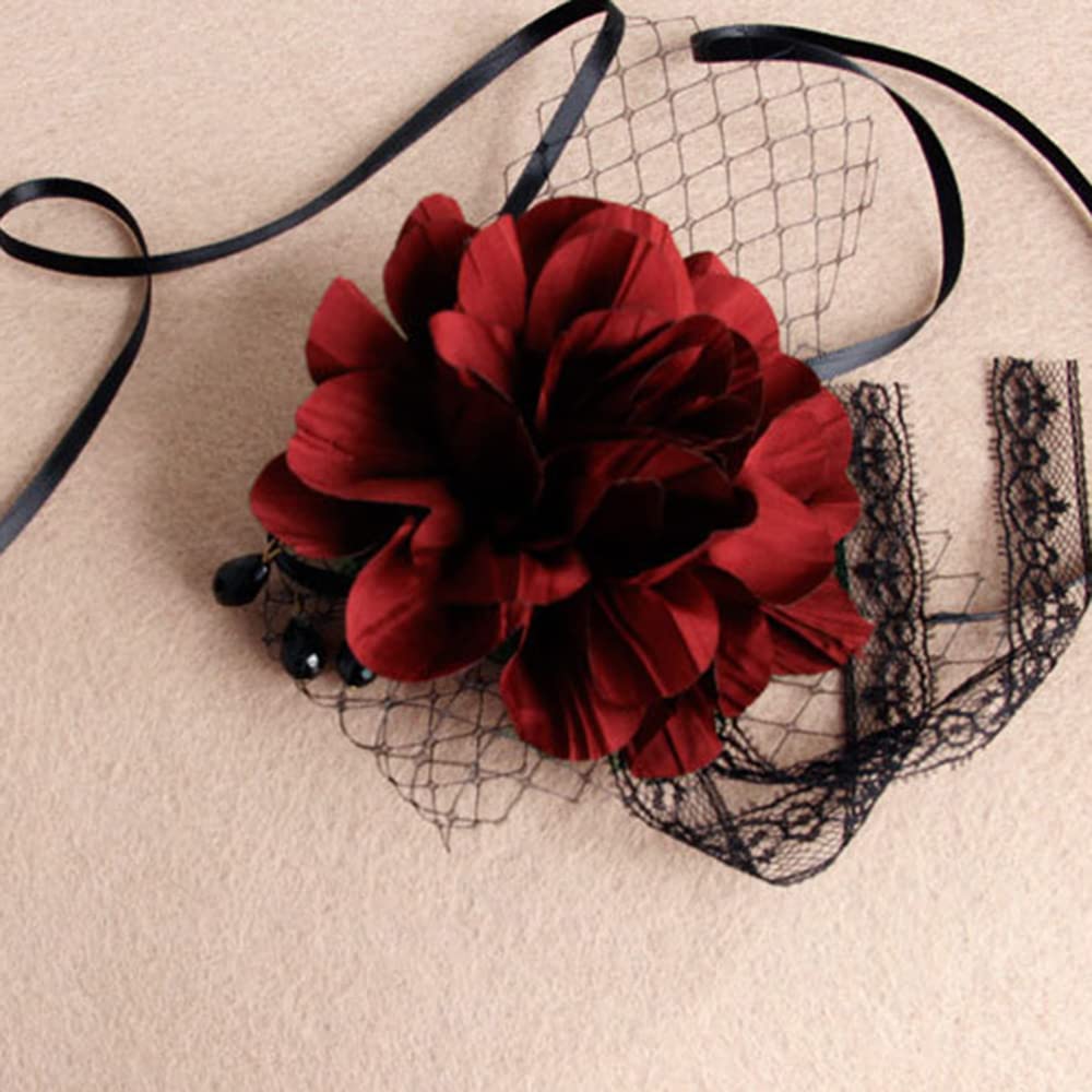 Masquerade Mesh Veil Headband with Burgundy Flower Black Lace Gothic Forehead Headdress Half Face Eye Veil for Women Prom Ball Costume Party
