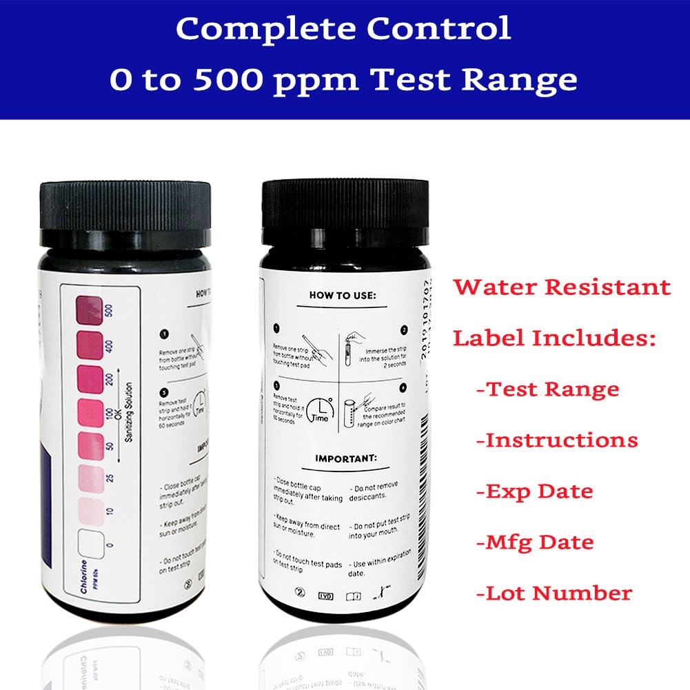 200 Strips - Chlorine Sanitizer Test Strips Food Service 0-500 ppm (Value Pack) - Bleach Test Strips - Chlorine Test Strips for Food Service - Restaurant Supplies - Chlorine Tester