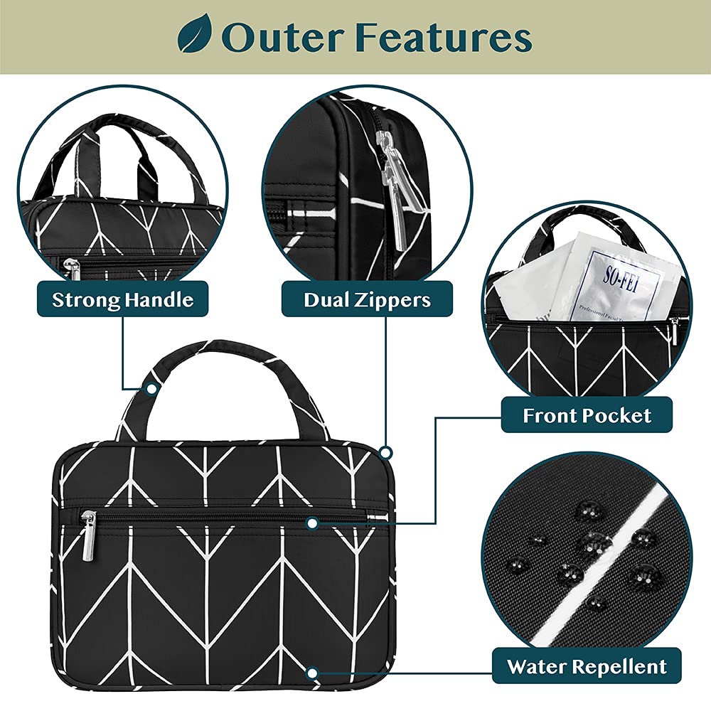 Hanging Toiletry Bag Travel Bag Women Men, Foldable Cosmetic Organizer, Roll up Makeup Bag, Water Resistant Accessories Toiletries, Large Travel Essentials Kit (Black Chevron)