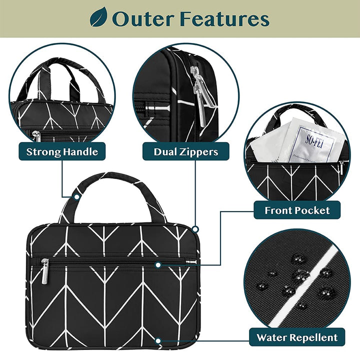 Hanging Toiletry Bag Travel Bag Women Men, Foldable Cosmetic Organizer, Roll up Makeup Bag, Water Resistant Accessories Toiletries, Large Travel Essentials Kit (Black Chevron)