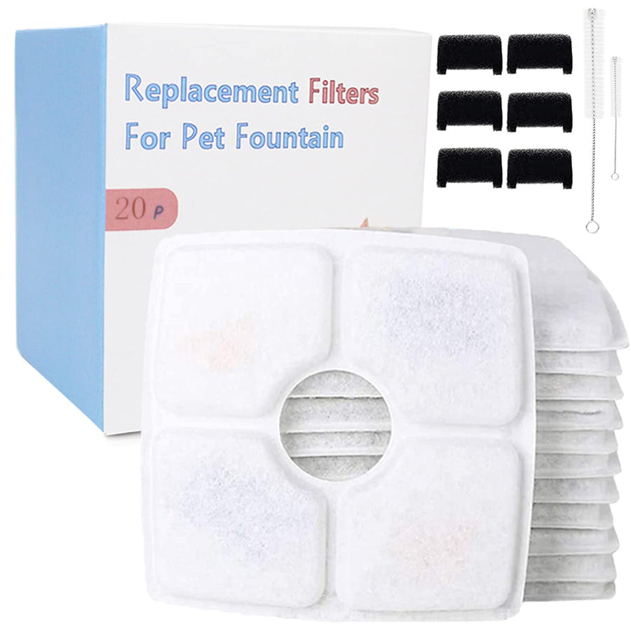 Cat Fountain Filter Replacement Set 20 Pcs, Compatible with 84oz/2.5L Square Fountain,12 Filter 6 Sponge 2 Brush Included