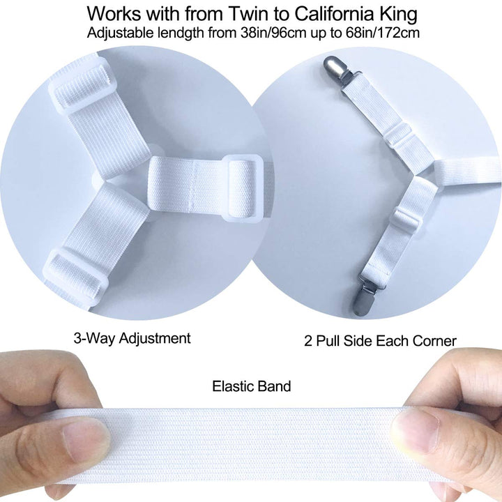 Bed Sheet Fasteners Straps - 2 Way Adjustable Crisscross Sheet Corner Holder Straps Clips Gripper Elastic Sheet Band Suspenders Fasteners(2 Set/4Pcs, White)
