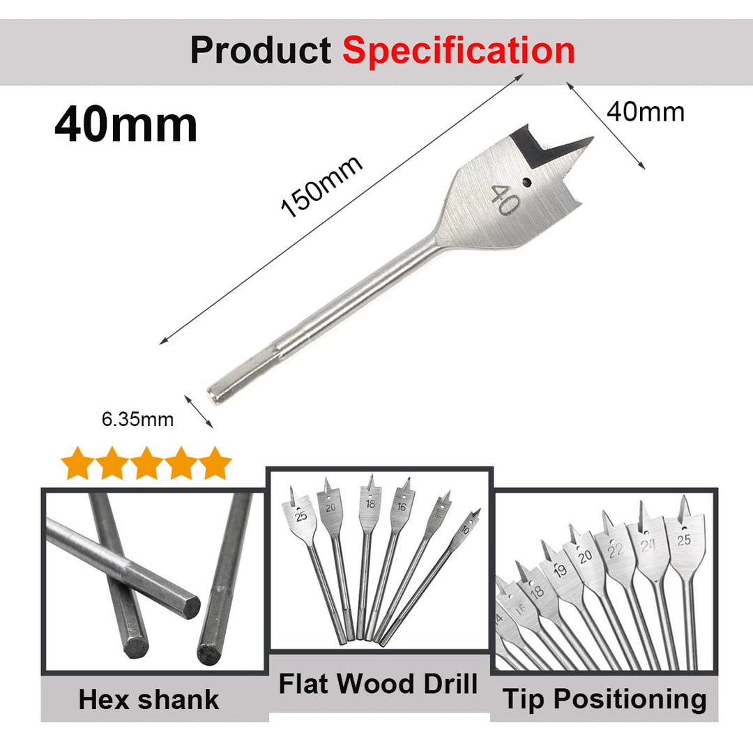 40MM High Carbon Steel Spade Drill Bit,Woodworking Paddle Flat Bit for Wood,Soft &amp; Hardwood,Gypsum Board,Clinker,Foam Box-1PCS Silver