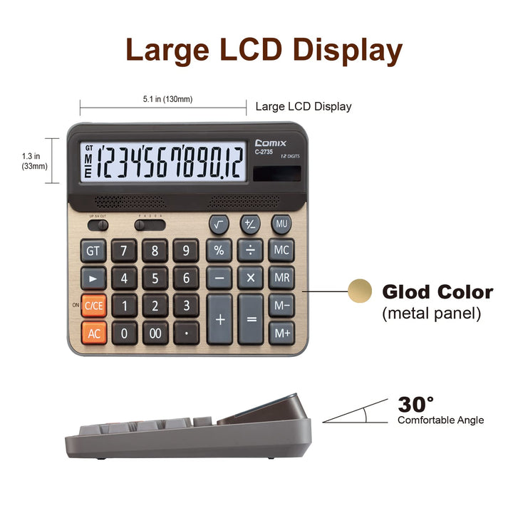 Desktop Calculator, Large Computer Keys, 12 Digits Display, Champaign Gold Color Panel, C-2735