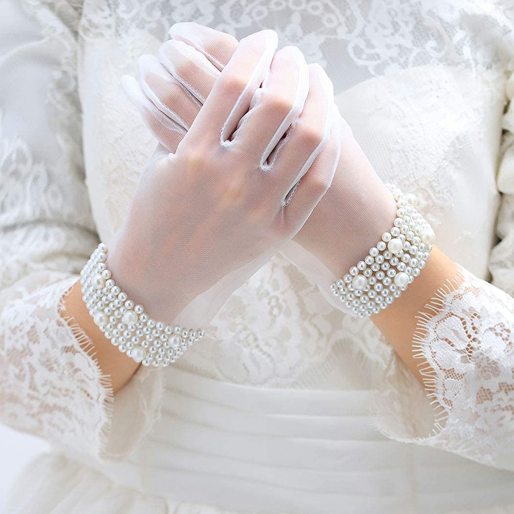 Wedding Bridal Lace Gloves White Sheer Pearl Gloves Elegant Full Fingered Gloves Prom Opera Dinner Party Cosplay for Women and Girls