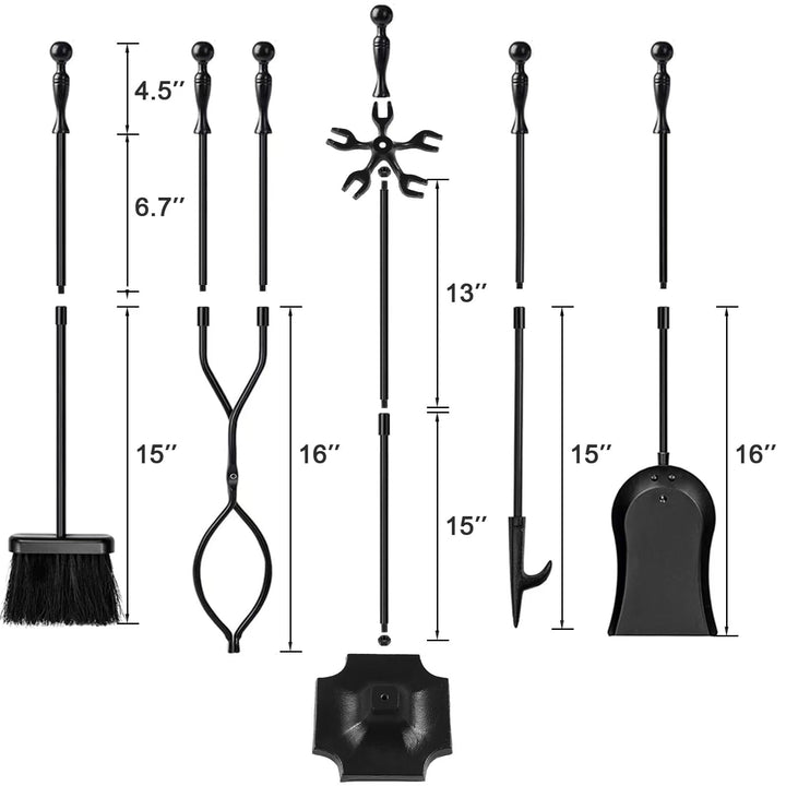 AMAGABELI GARDEN &amp; HOME 5 Pcs Fireplace Tools Sets Black Handle Wrought Iron Large Fire Tool Set and Holder Outdoor Fireset Fire Pit Stand