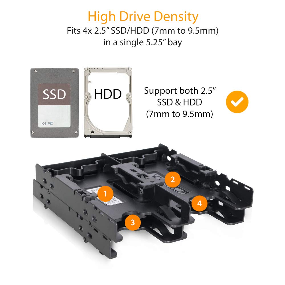 4 Bays Dual 2 x 2.5 inch Hard Drive SSD Mounting Bracket Adapter for External 5.25” Bay | Flex-FIT Quattro MB344SP