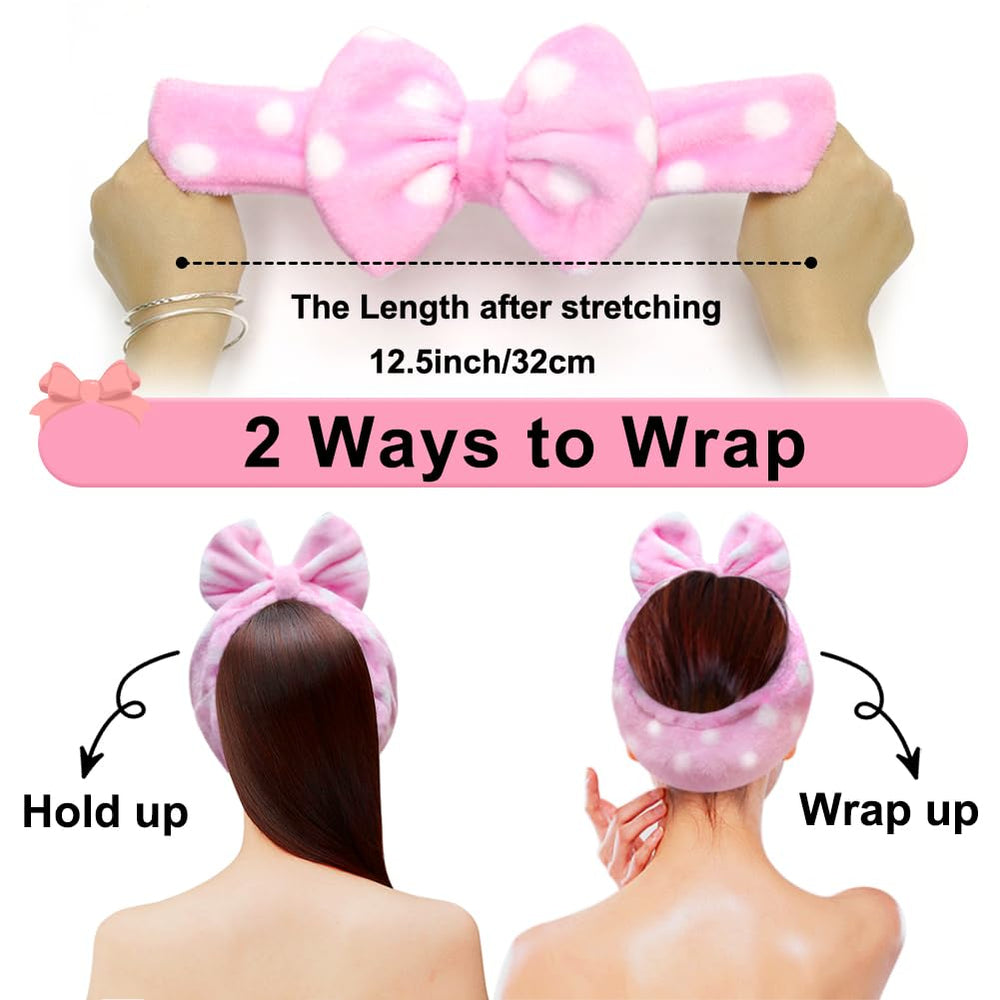 Women Fashion Lovely Soft Carol Fleece Bowknot Bow Makeup Cosmetic Shower Elastic Hair Band Hairlace Headband (pink polka dots)