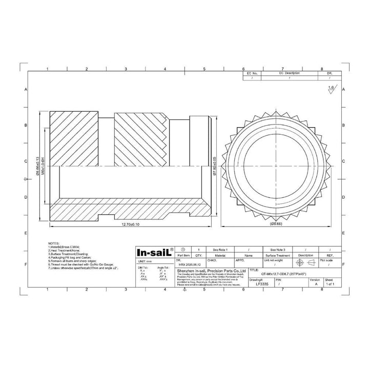 in-saiL 20pcs/Pack M6x12.7mm, OD8.7mm Heat Staking Thread Inserts for Plastic Brass Embed Parts