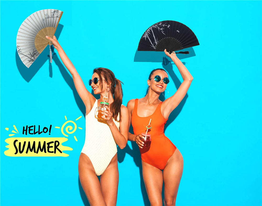 Small Folding Hand Fans for Women -Chinese Japanese 2pcs Vintage Bamboo Silk Fans - for Dance, Music Festival, Wedding, Party, Decorations,Gift. (Gray & Black Bamboo)