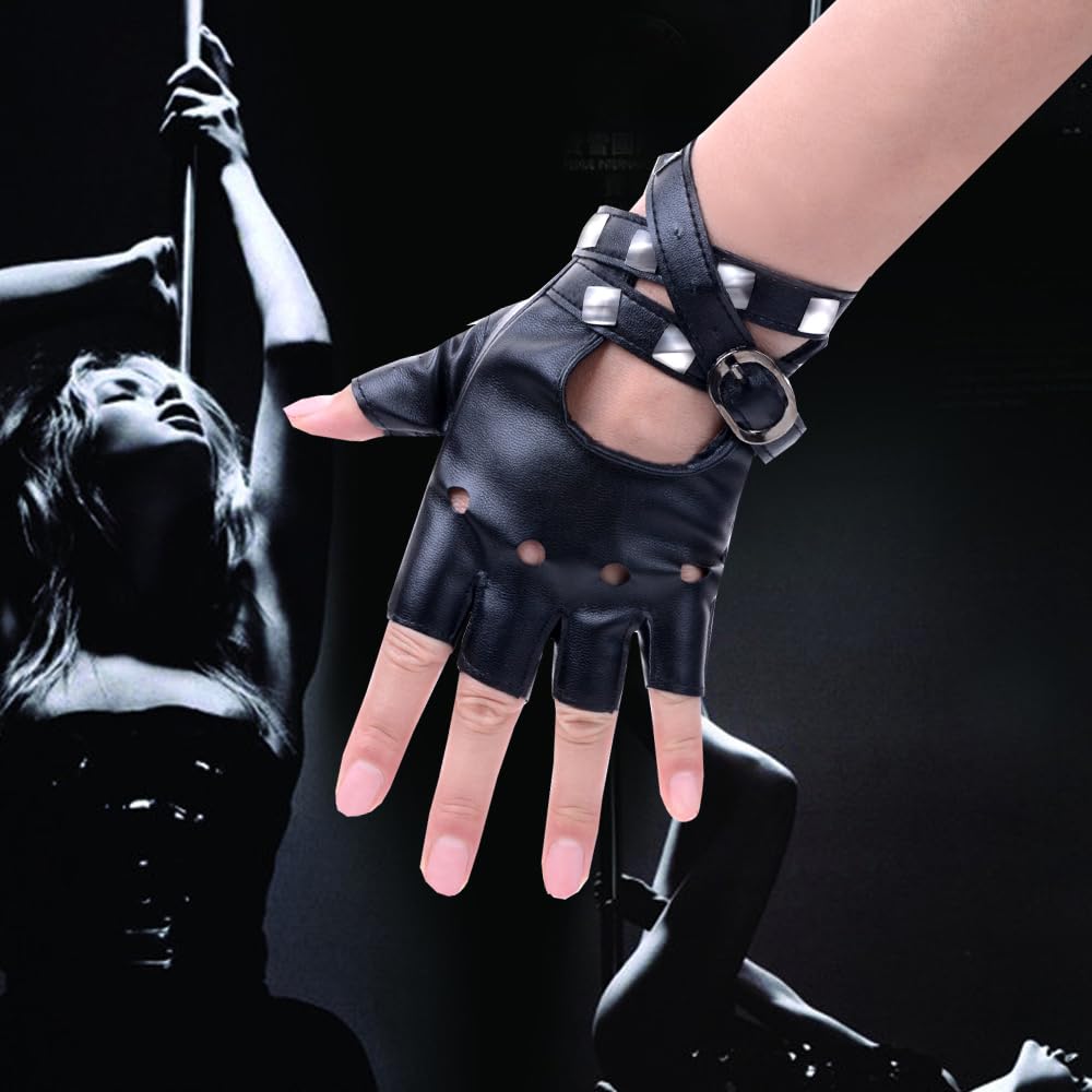 Women Punk Belt Up Half Finger PU Leather Performance Gloves Black