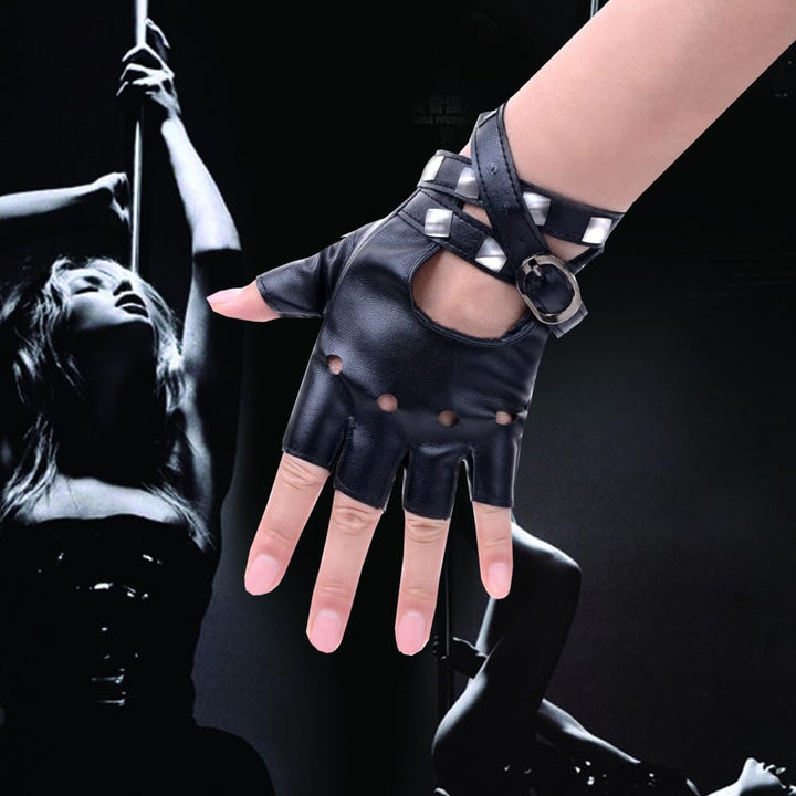 Women Punk Belt Up Half Finger PU Leather Performance Gloves Black