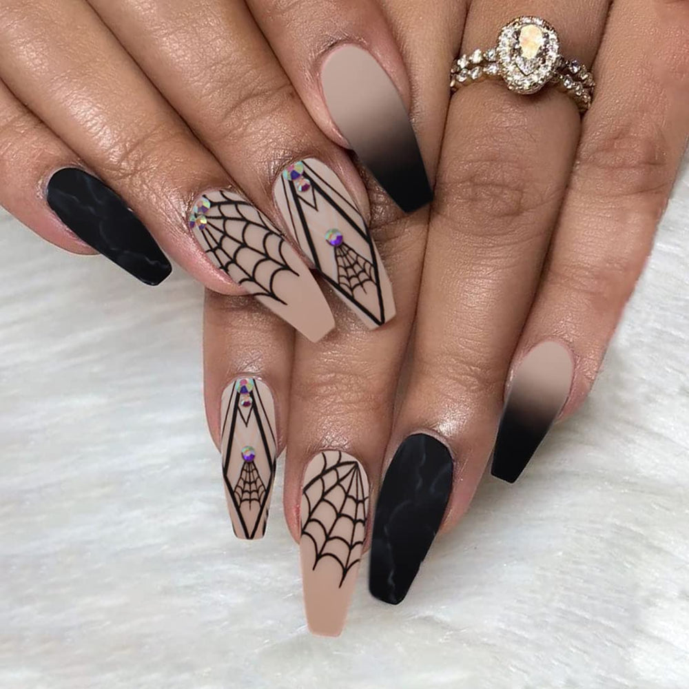 24pcs Long Coffin Fake Nails Matte Ballerina Punk Style Press on Nails Black False Nails Full Cover Acrylic Nails for Women Nail Art