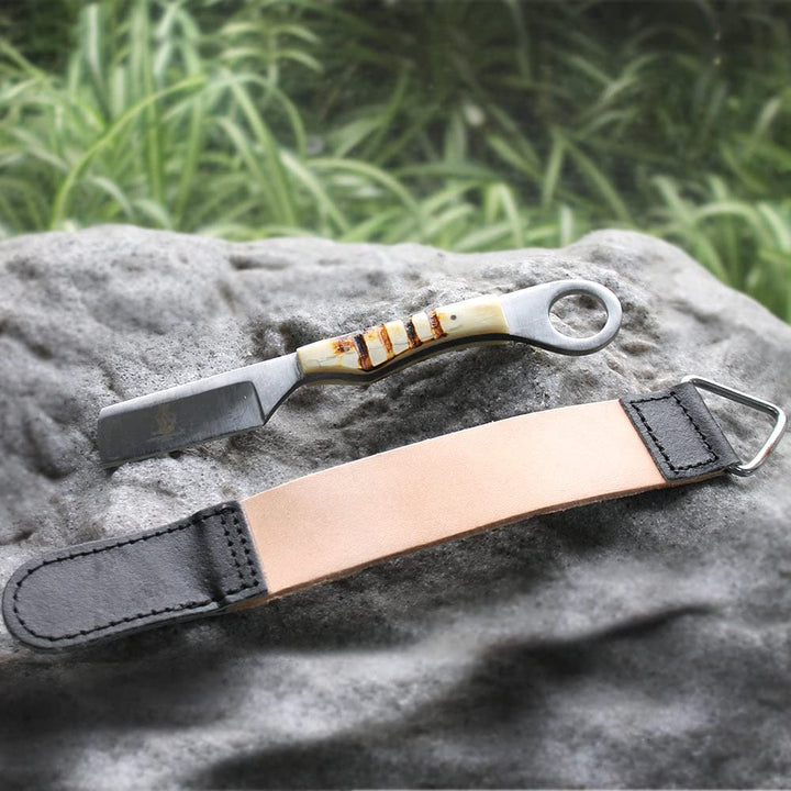 8 Overall Bone Collector Hand Made Straight Razor with Leather Strop and Sheath (Bone)