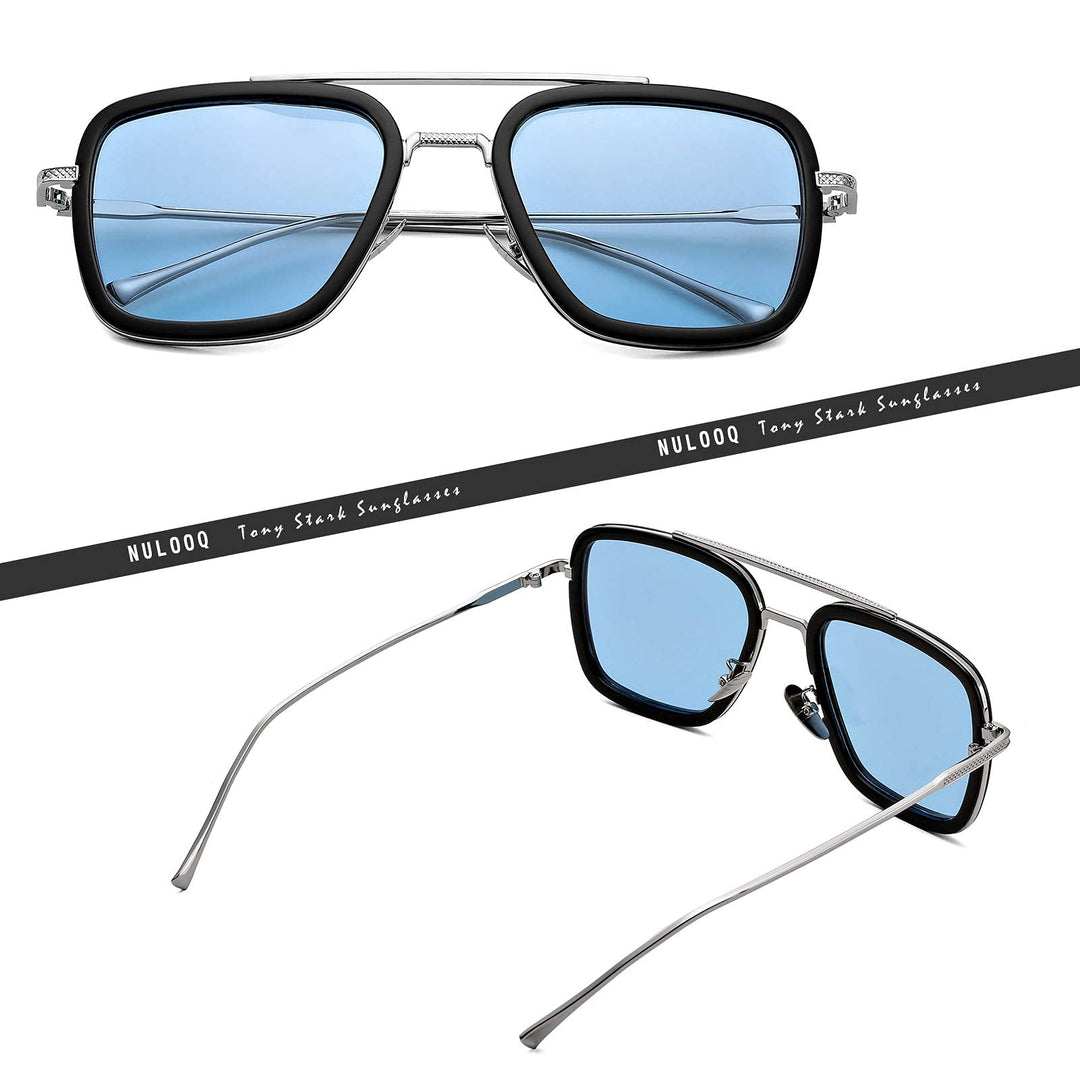Tony Stark Polarized Sunglasses for Men – Women Vintage Aviator Square Metal Frame Iron Man Edith Glasses (Silver/Blue)