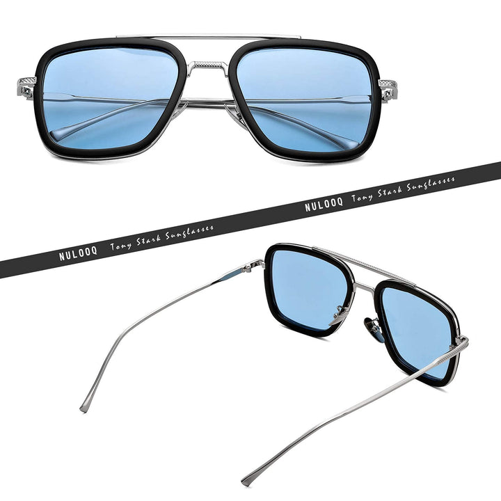 Tony Stark Polarized Sunglasses for Men – Women Vintage Aviator Square Metal Frame Iron Man Edith Glasses (Silver/Blue)
