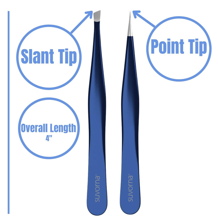 4 Precision Aligned Professional Tweezers Color Sets with Premium Stainless Steel. One Sharp Pointed Pair and One Slant Tip Pair for Eyebrow Shaping. Great for Ingrown Hair. (Blue)