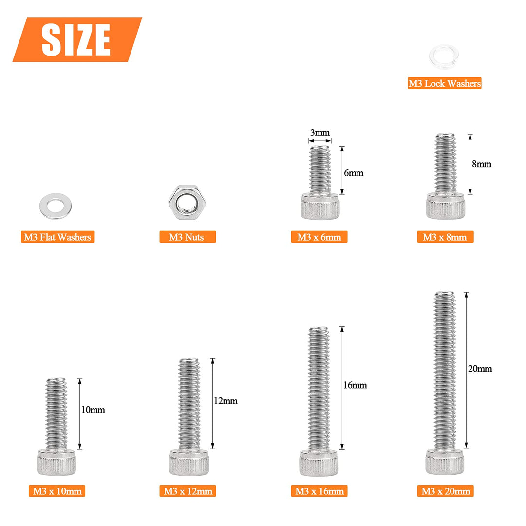 500 Pieces M3 x 6mm /8mm /10mm /12mm /16mm /20mm, Hex Socket Head Cap Metric Screws Bolts Washers Nuts Kit, 304 Stainless Steel