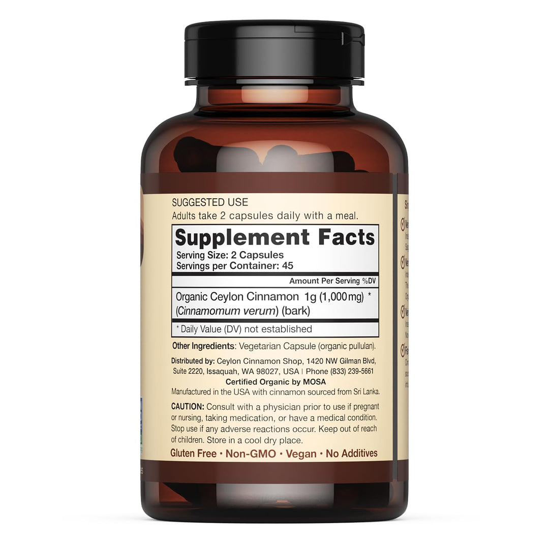 Organic Ceylon Cinnamon (100% Certified) Supplement, 90 Capsules