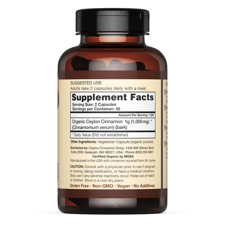 Organic Ceylon Cinnamon (100% Certified) Supplement, 90 Capsules