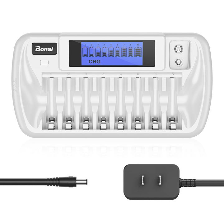 8+1 Bay AA AAA Battery Charger with LCD Display for AA AAA NiMH NiCd &amp; 9V Rechargeable Batteries Independent Control and Standard American AC Charging Plug