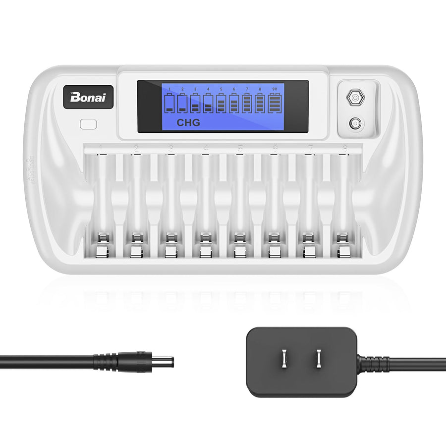 8+1 Bay AA AAA Battery Charger with LCD Display for AA AAA NiMH NiCd & 9V Rechargeable Batteries Independent Control and Standard American AC Charging Plug